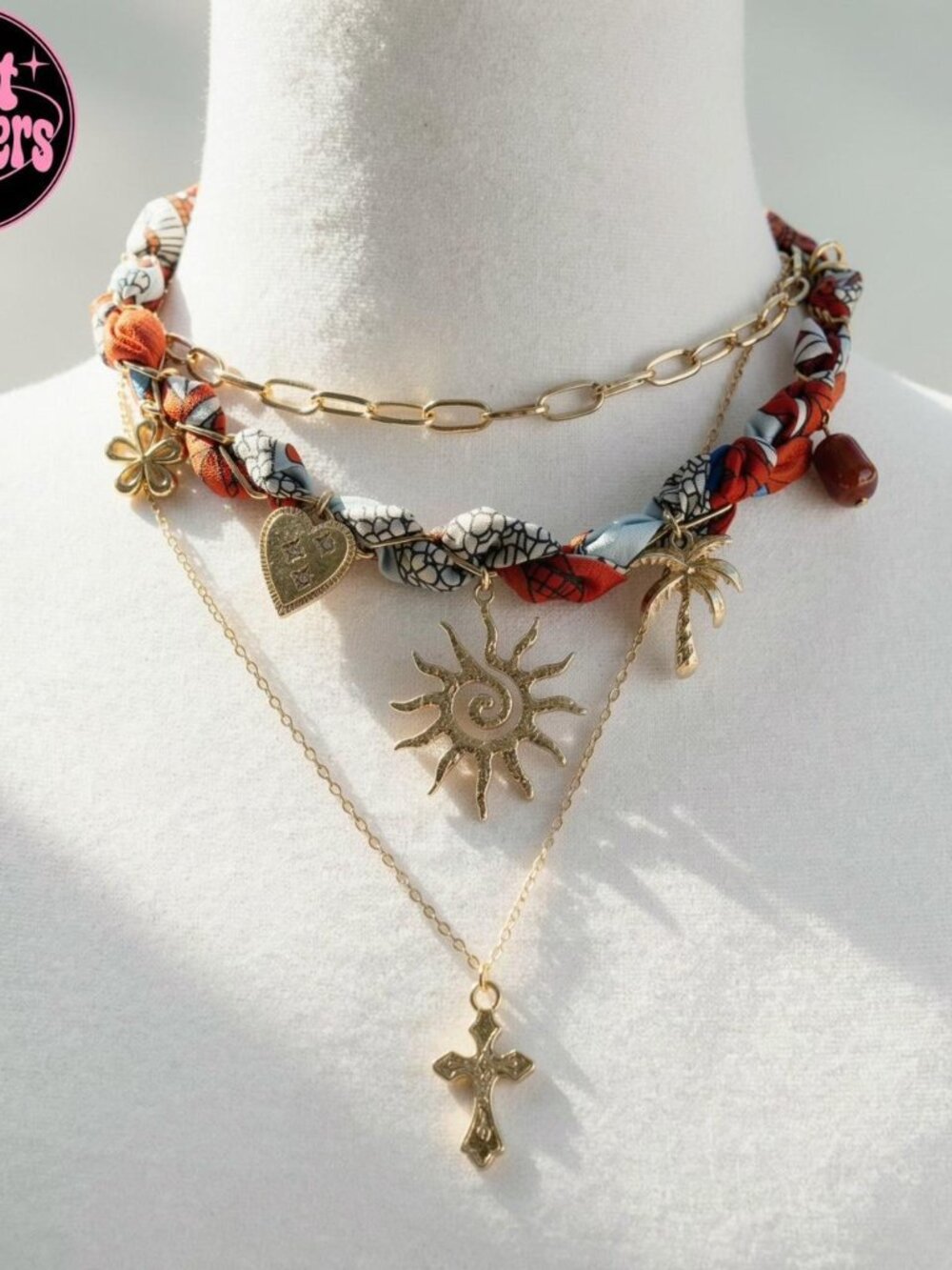 Y2K 2000s style 3 pcs set Orange scarf choker necklace with gold chain and cross